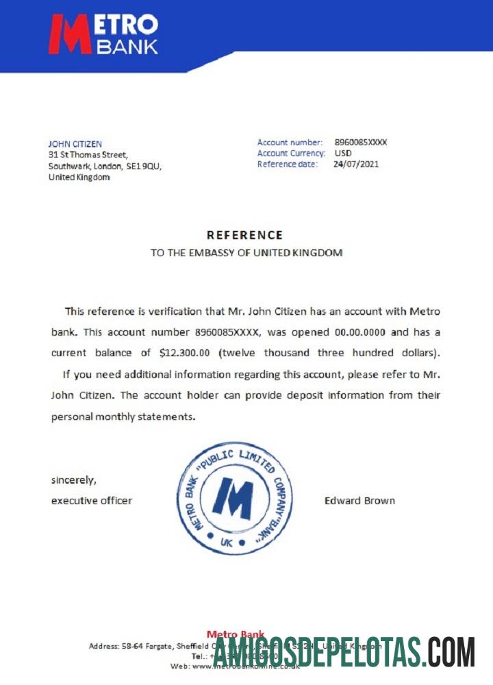 Referência do Metro Bank do Reino Unido modelo